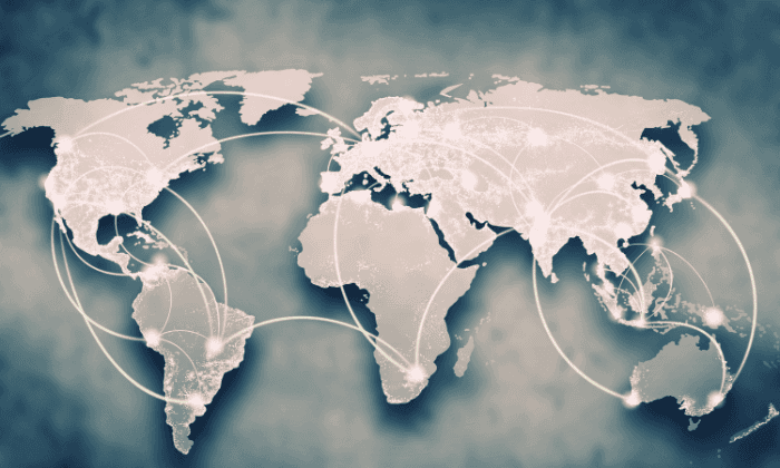 A light-colored world map with connected lines, illustrating global reach and industry impact of automatic capsule filling machines.