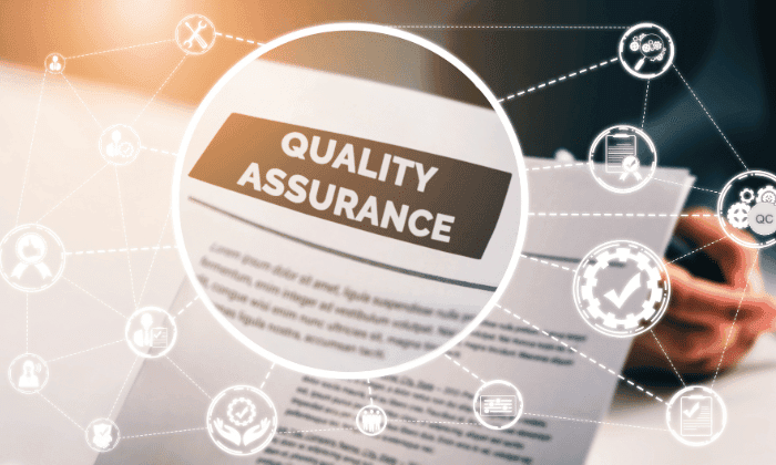 Close-up of a Quality Assurance document with icons symbolizing compliance and standards in nutraceutical/pharmaceutical industries.