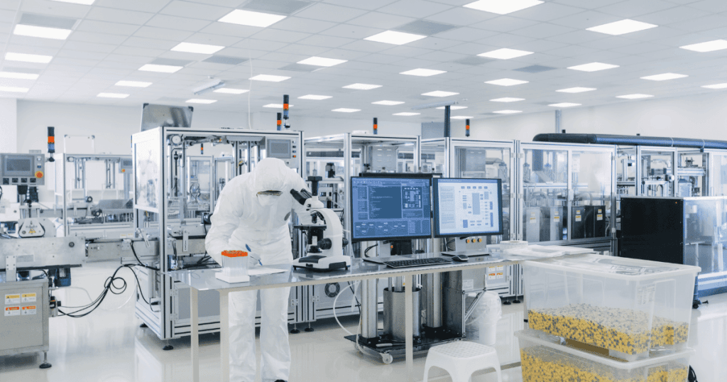 An overview of a pharmaceutical manufacturing facility, with a machine operator wearing PPE taking notes to maintain regulatory compliance.